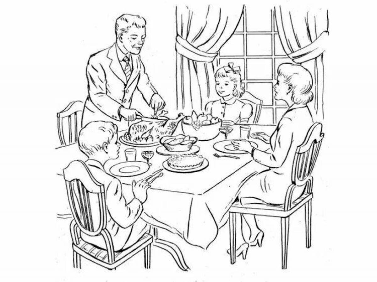 Едим за четверых. Праздничный стол рисунок. Семья за столом раскраска. Семья за праздничным столом рисунок. Семейный ужин раскраска для детей.
