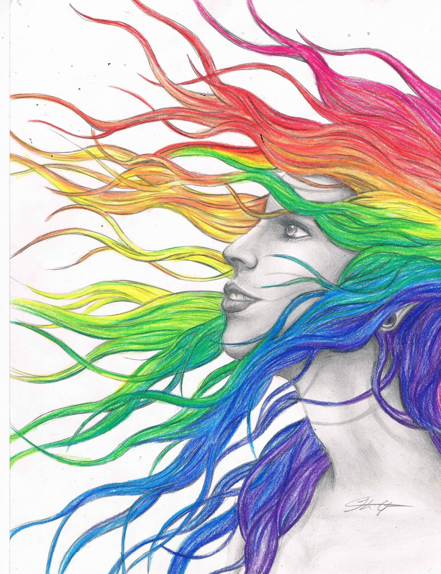 Color art drawing. Радужные рисунки. Девушка с радужными волосами арт. Радужные волосы для срисовки. Девушка с волосами цвета радуги арт.
