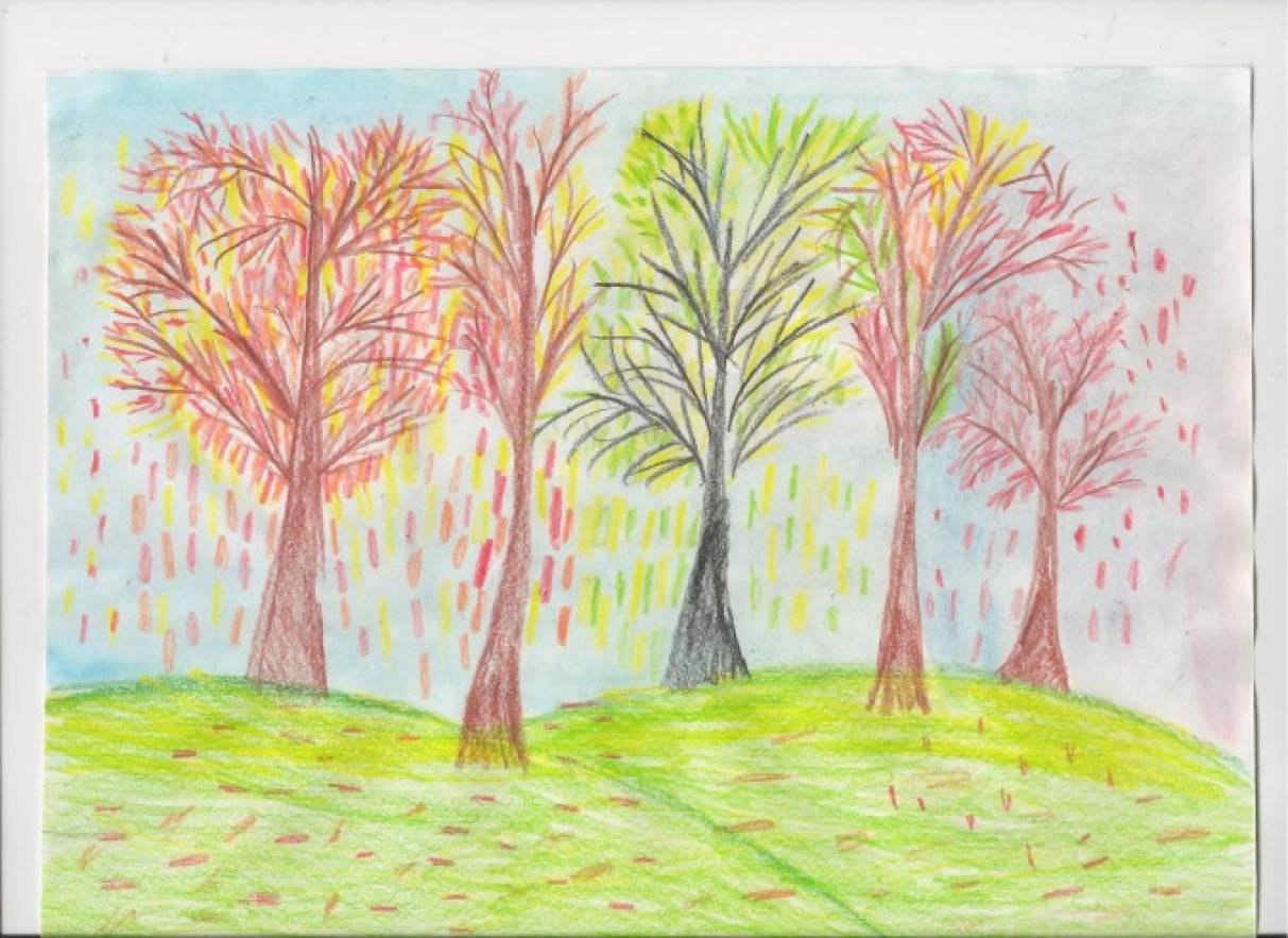 Рисование леса в старшей группе. Осень цветными карандашами для детей. Осенний лес цветными карандашами. Пейзаж цветными карандашами для детей. Пейзаж рисунок для детей.