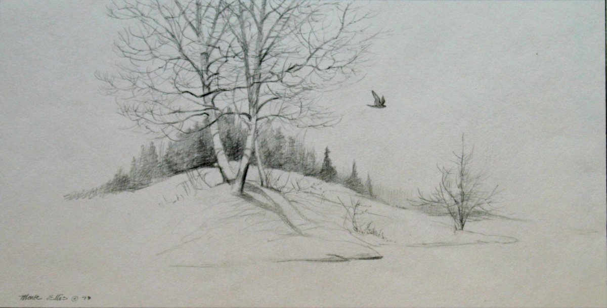 Зимний пейзаж рисунок карандашом