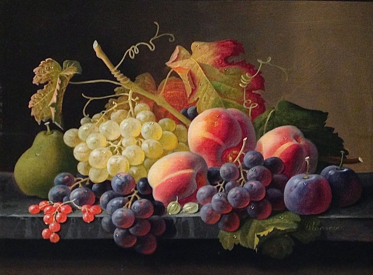 Натюрморт с цветами и фруктами живопись
