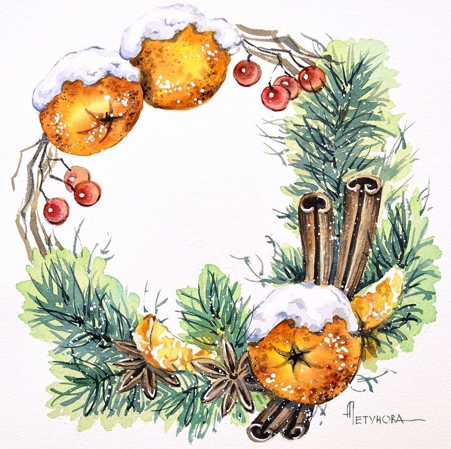 Рождественский венок акварель