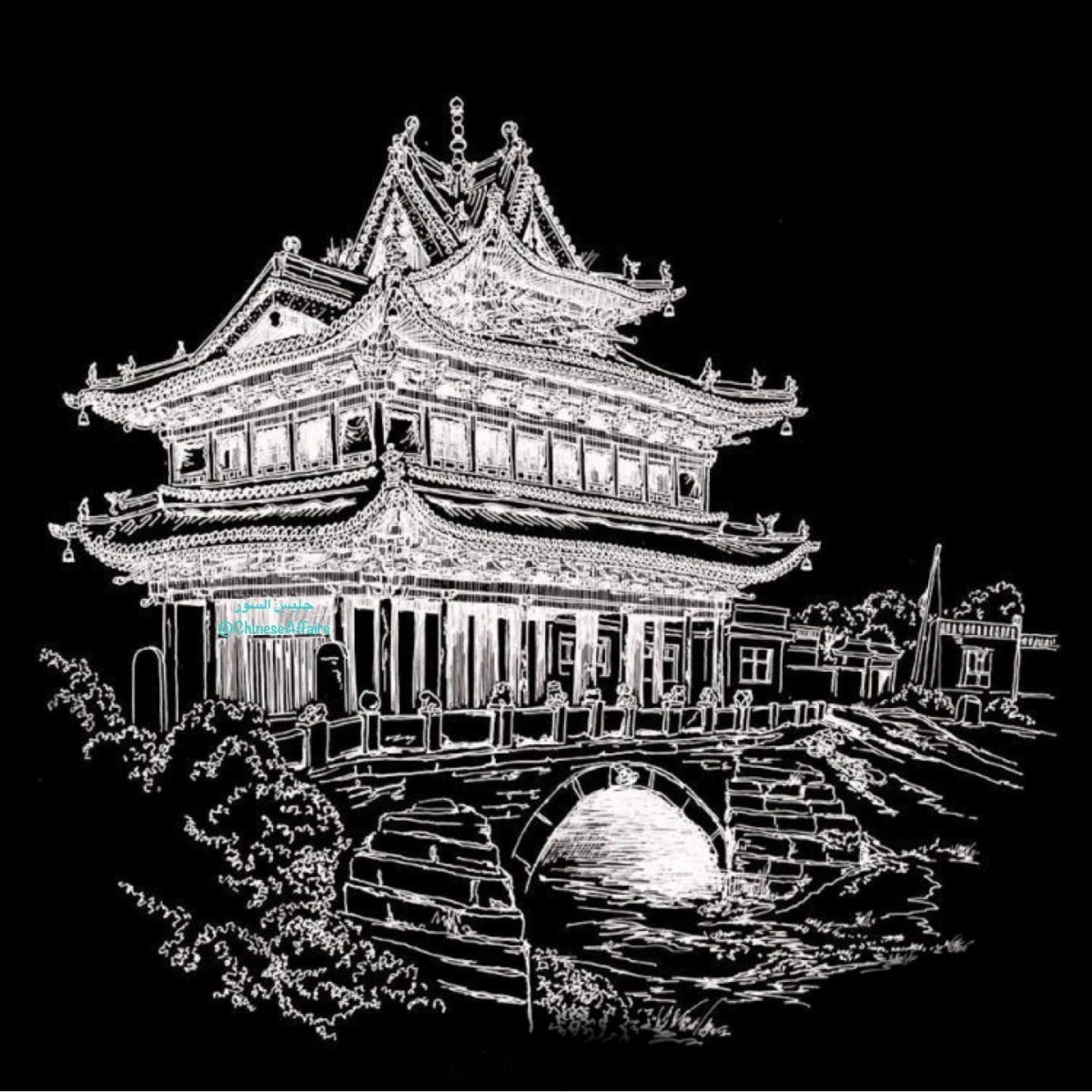 Гравюра в японском стиле черно белая