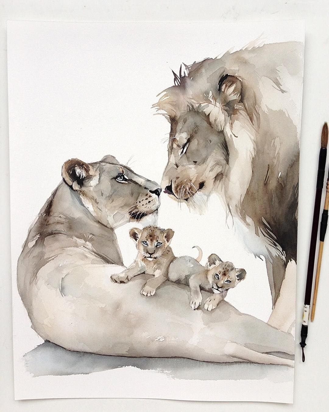 Наталья Каданцева акварель львы