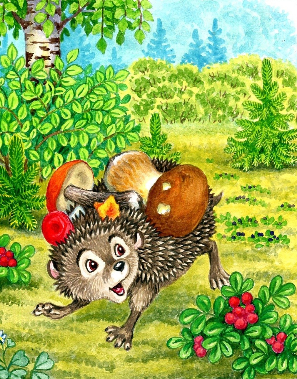 Картинка ежик с корзинкой для детей