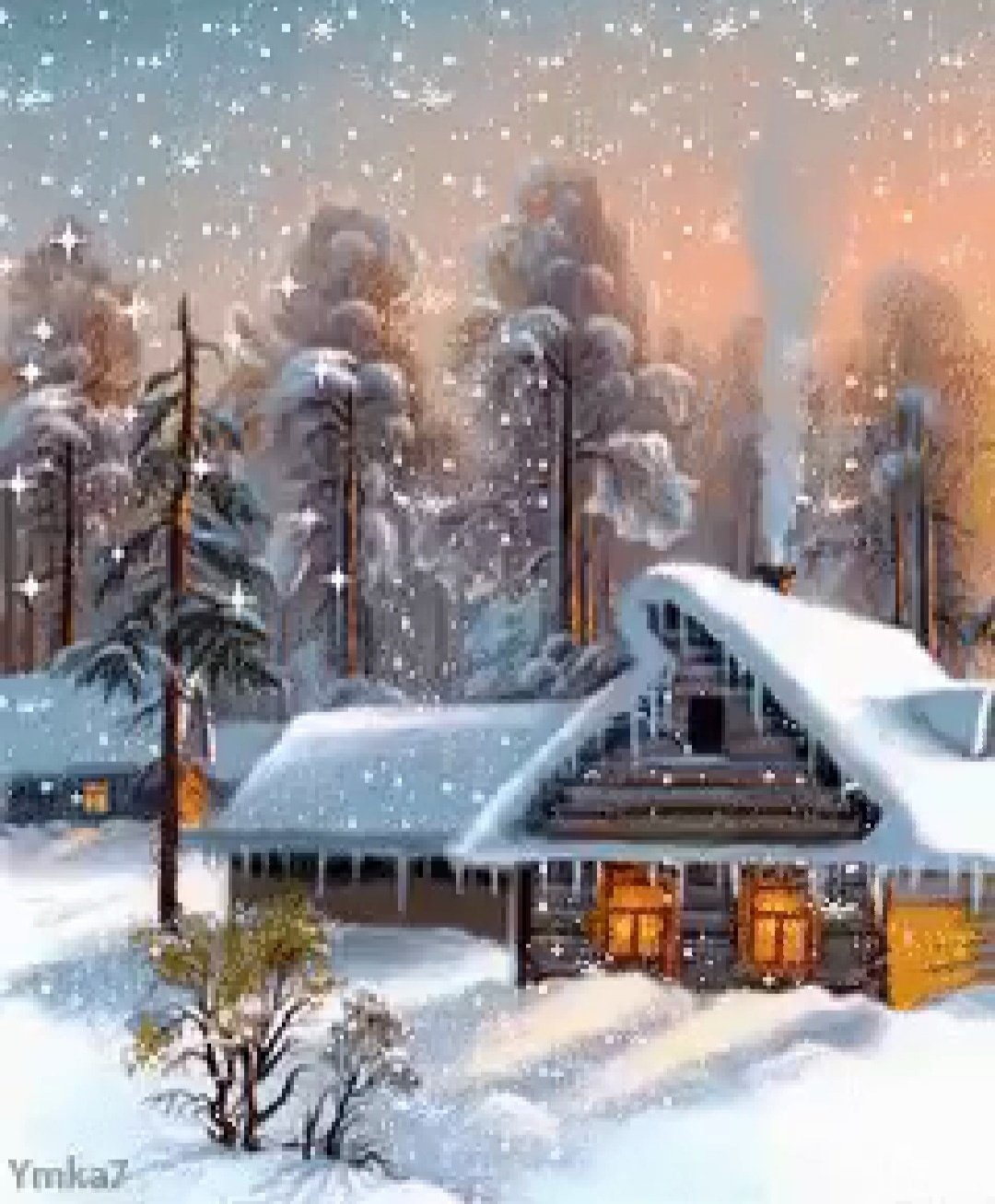 Анимация зимний домик в лесу