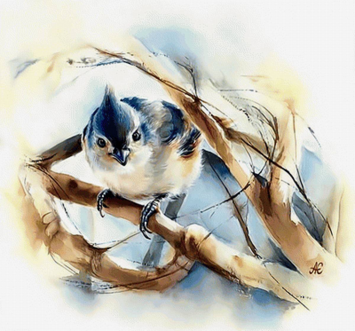 Синичка акварелью