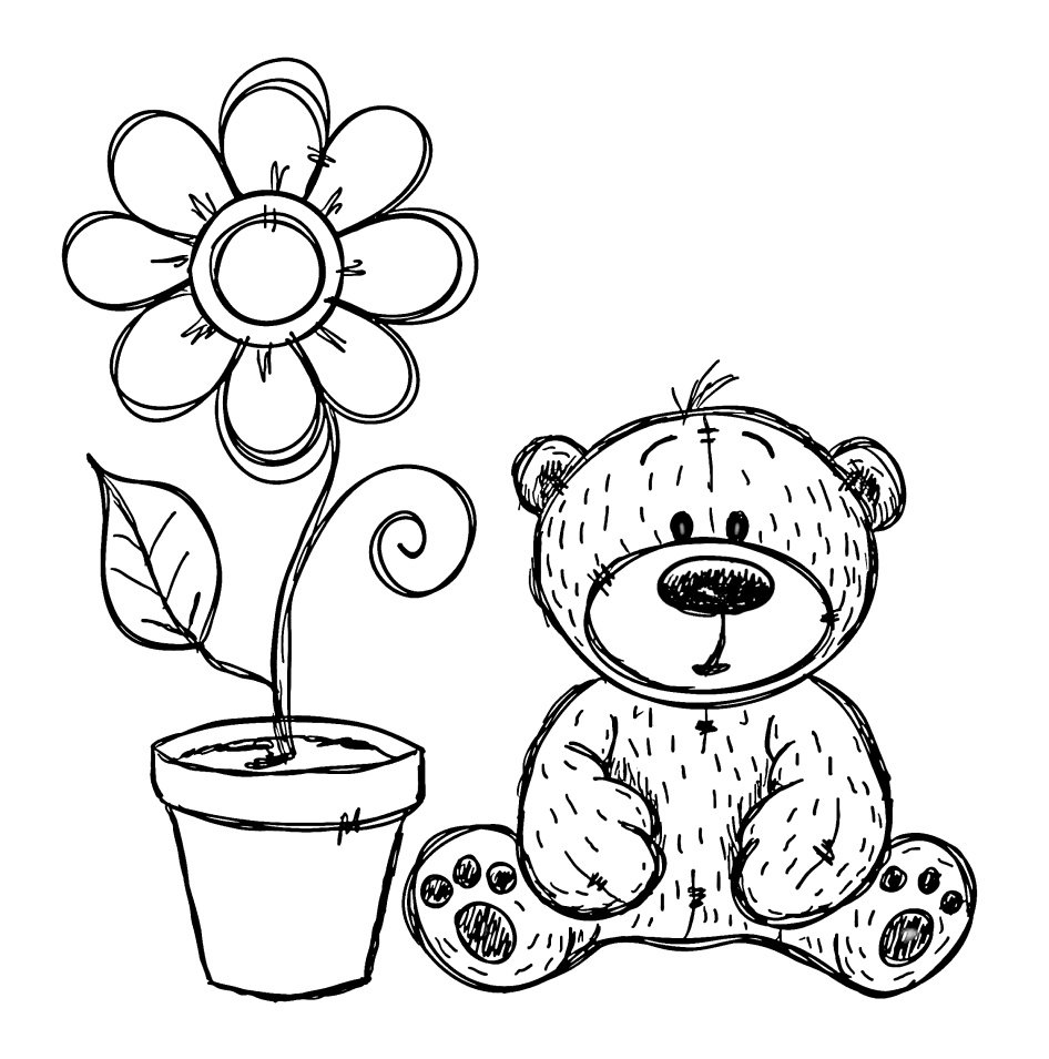 Плюшевый мишка с цветами раскраска