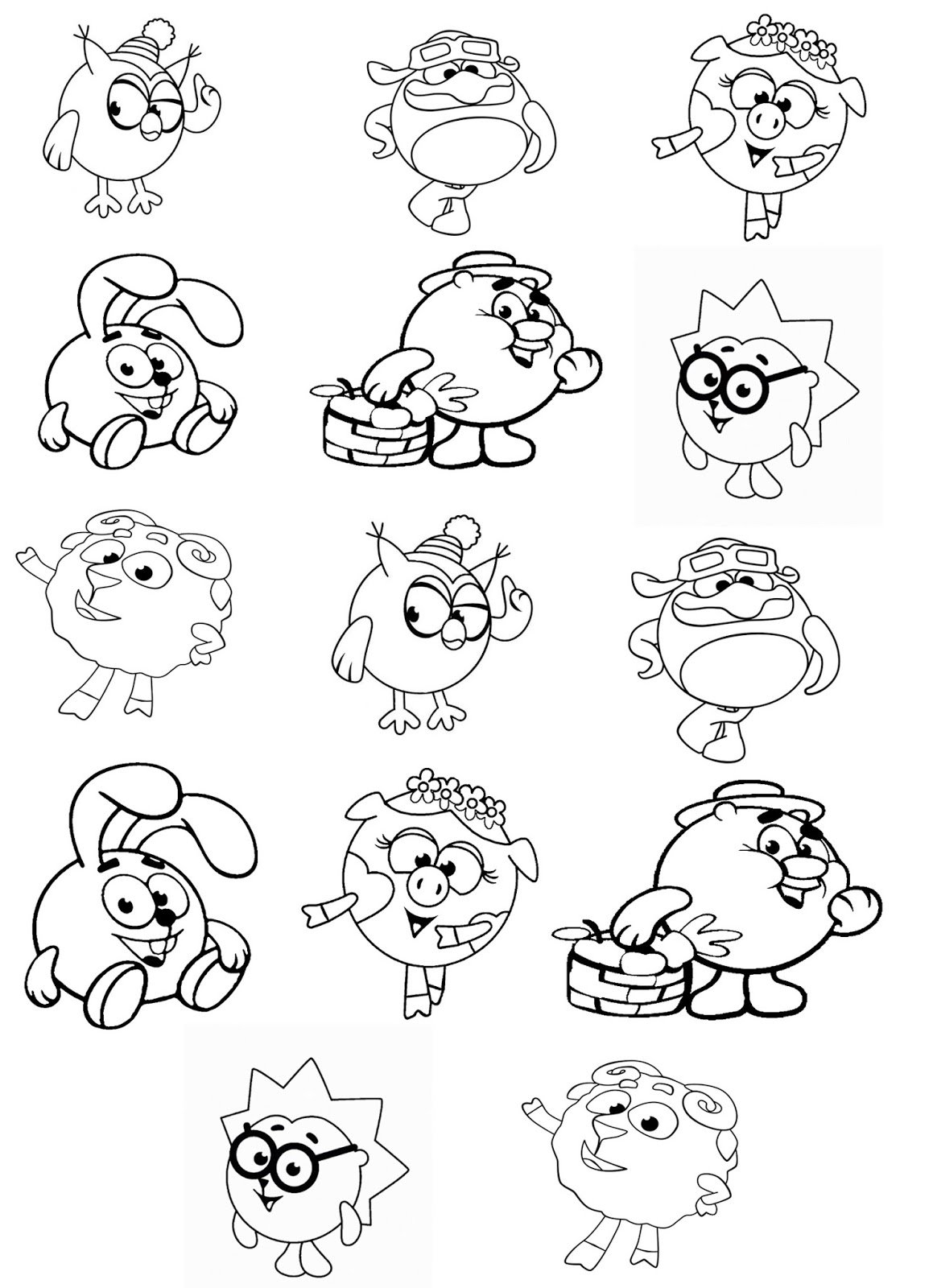 Раскраска Смешарики на одном листе