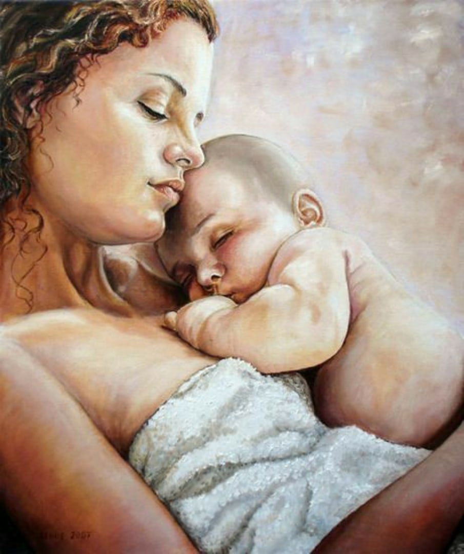 Современная материнства. Мама и ребенок арт. Малыш и мама. Картина ко Дню матери. Мать и младенец арт.