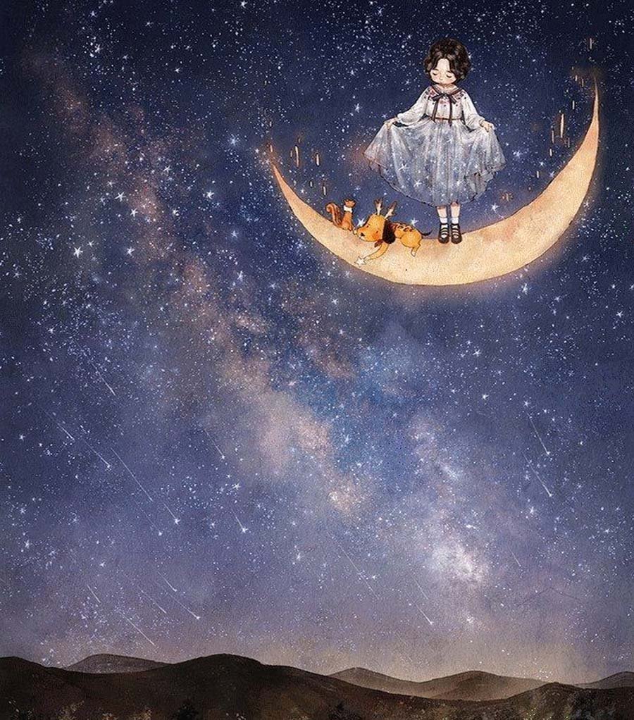 Девочка и Луна мультяшная