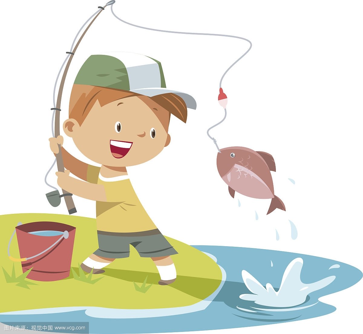 Мультяшный мальчик ловит рыбу