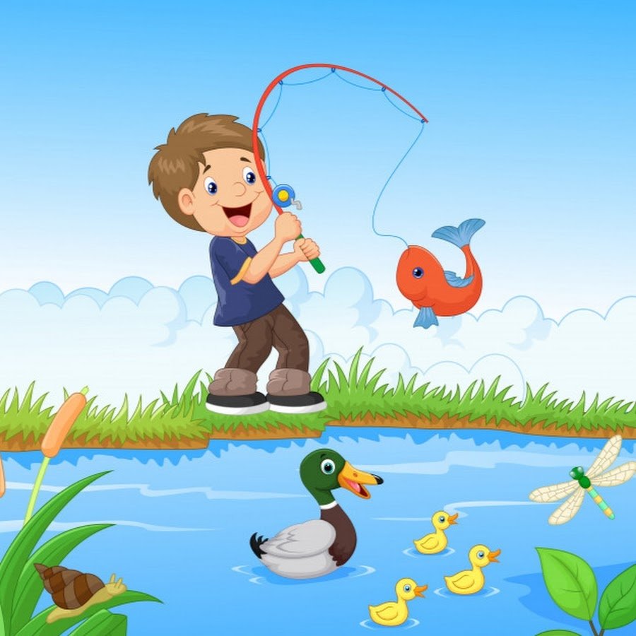 Мультяшный мальчик ловит рыбу