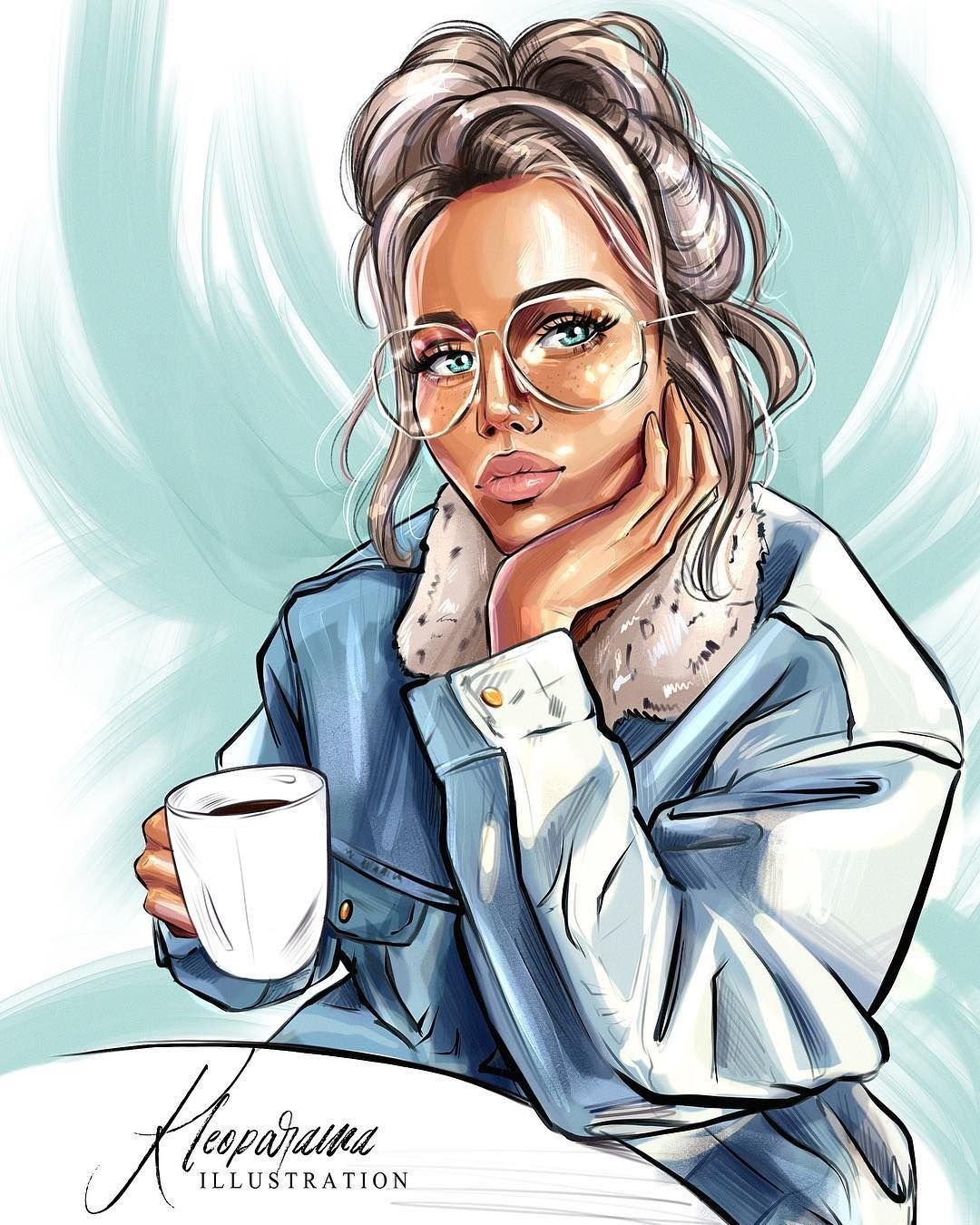 Нарисованная девушка с кофе