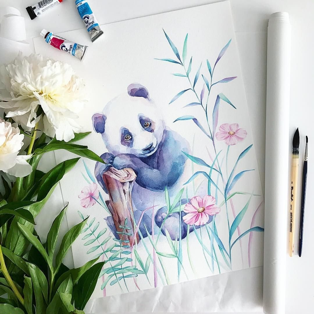 Цветы акварель Панда