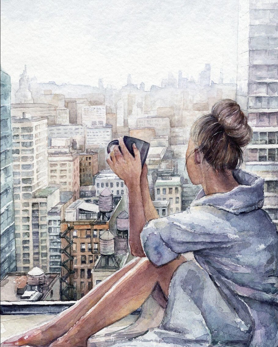 Девушка у окна акварель