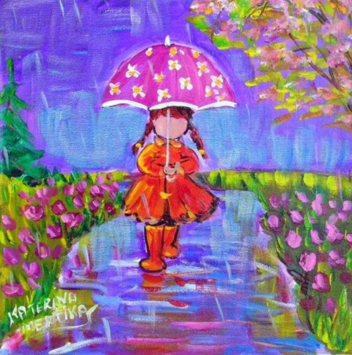 Дети под зонтом гуашь