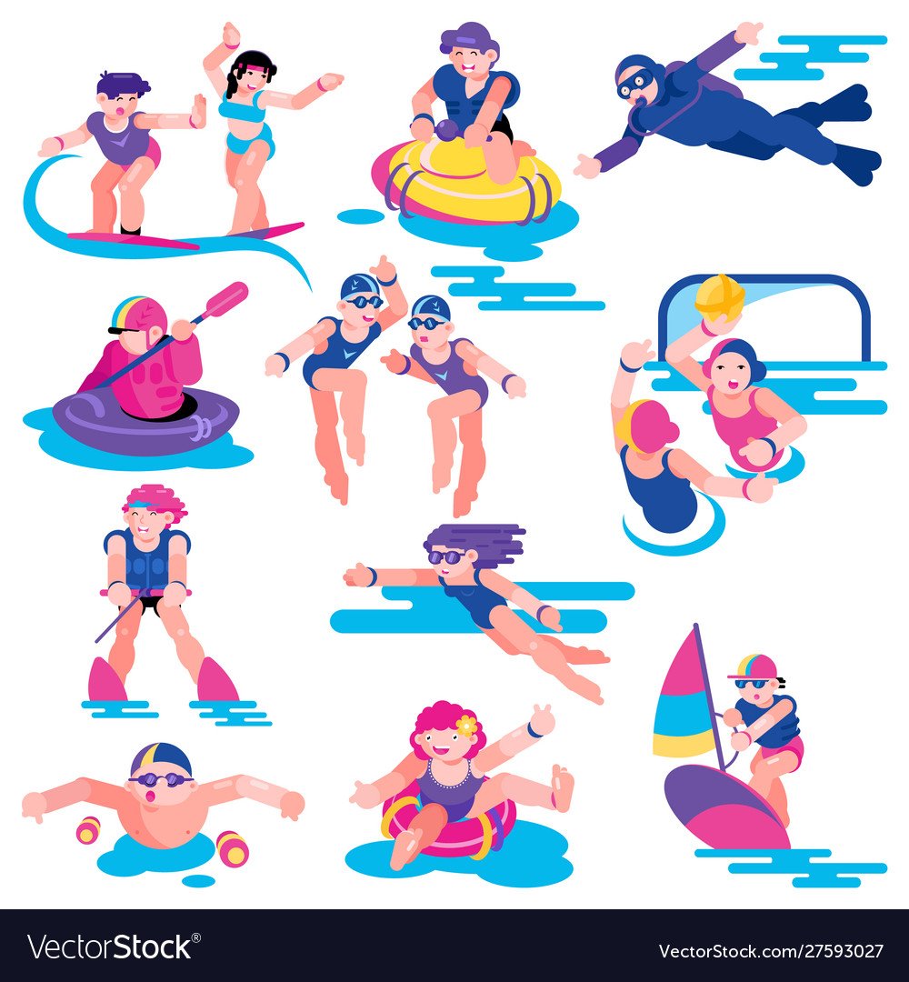 Иллюстрации с изображением водных видов спорта.