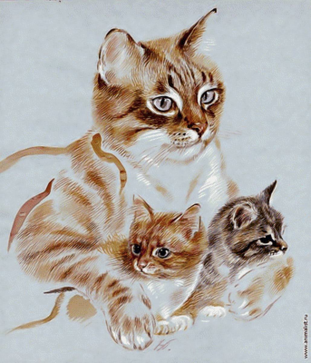 Кошка с котятами акварель