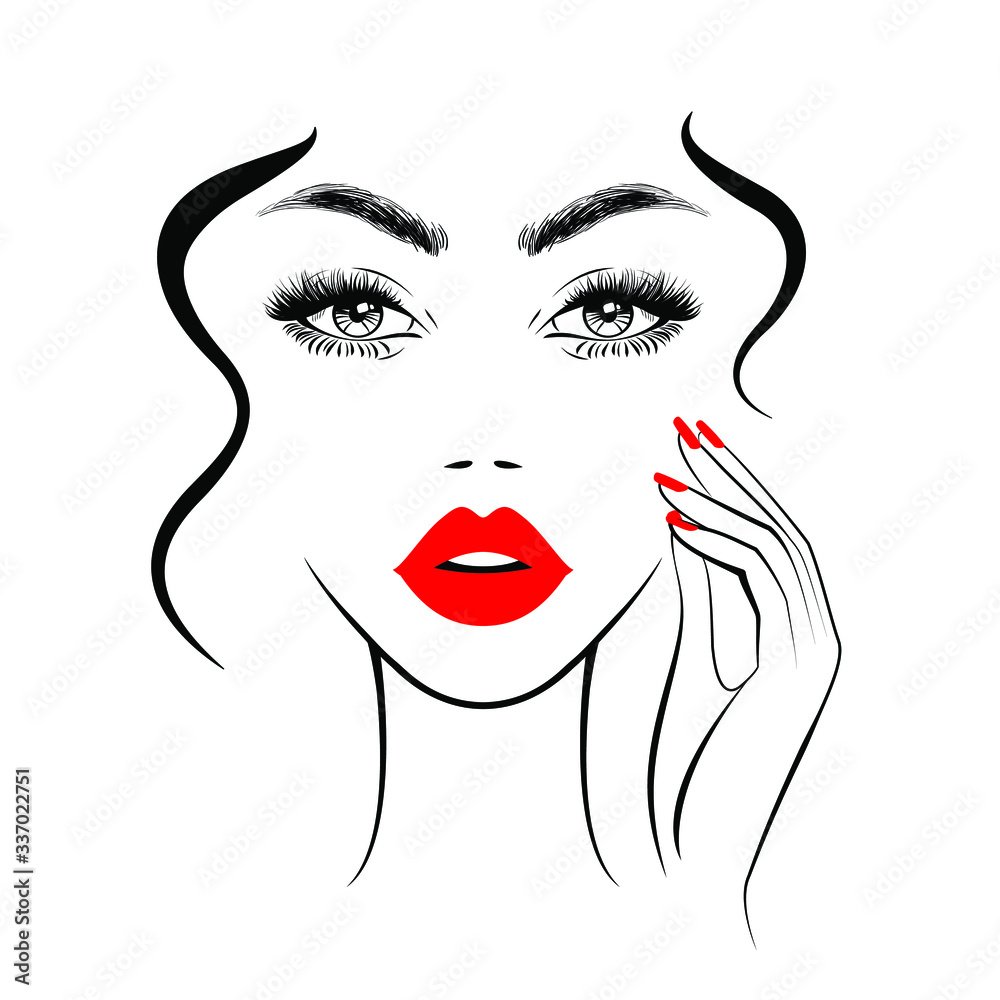 Контуры лица девушки с красными губами