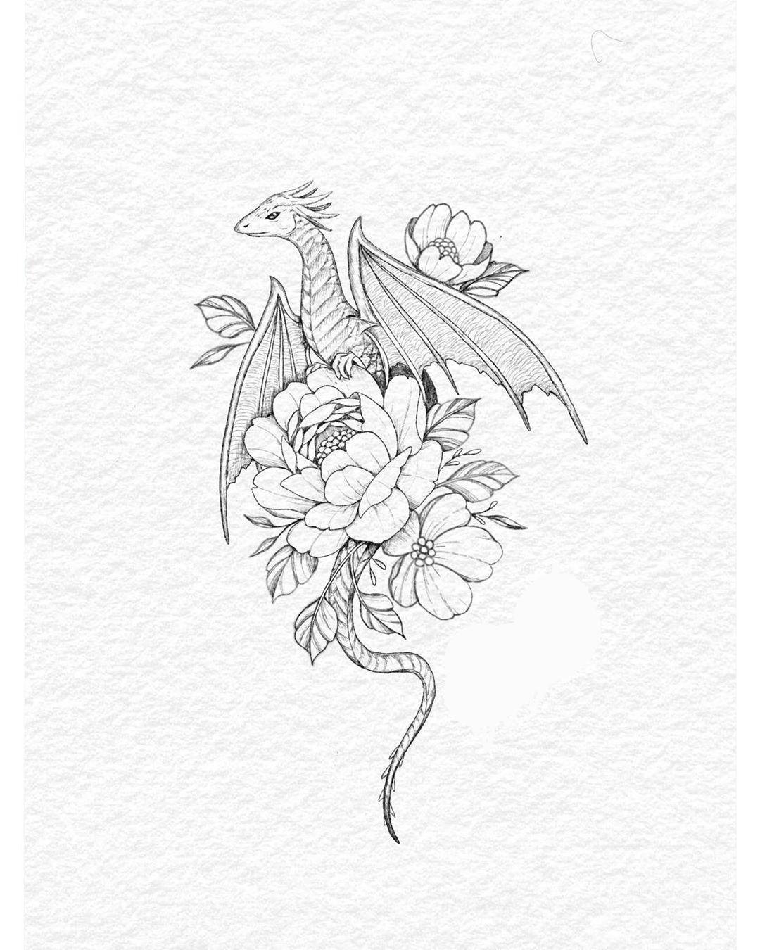 Дракон в цветах эскиз