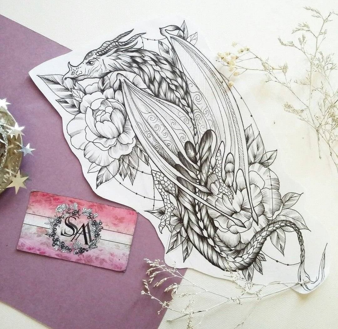 Дракон в цветах эскиз