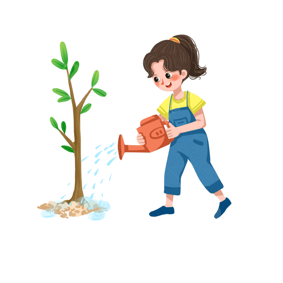 Девочка поливает дерево