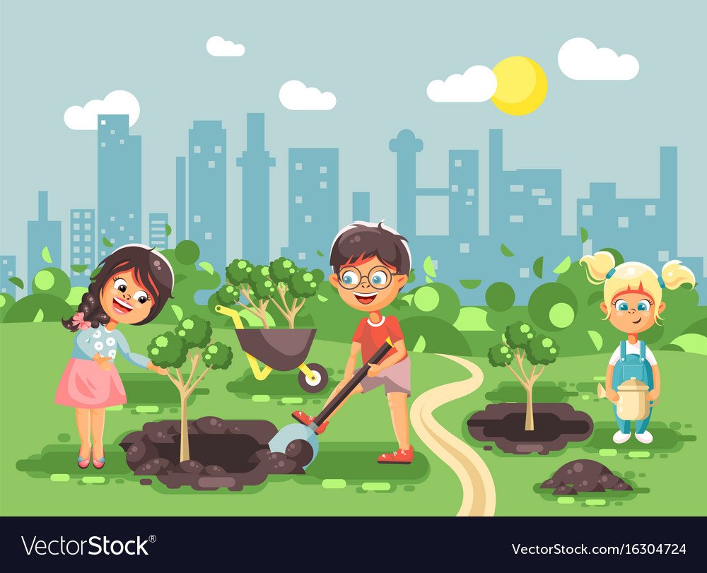 Дети поливают цветы и деревья