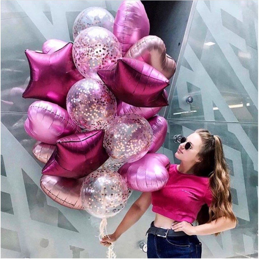 Шар звезда фуксия и шары конфетти золото