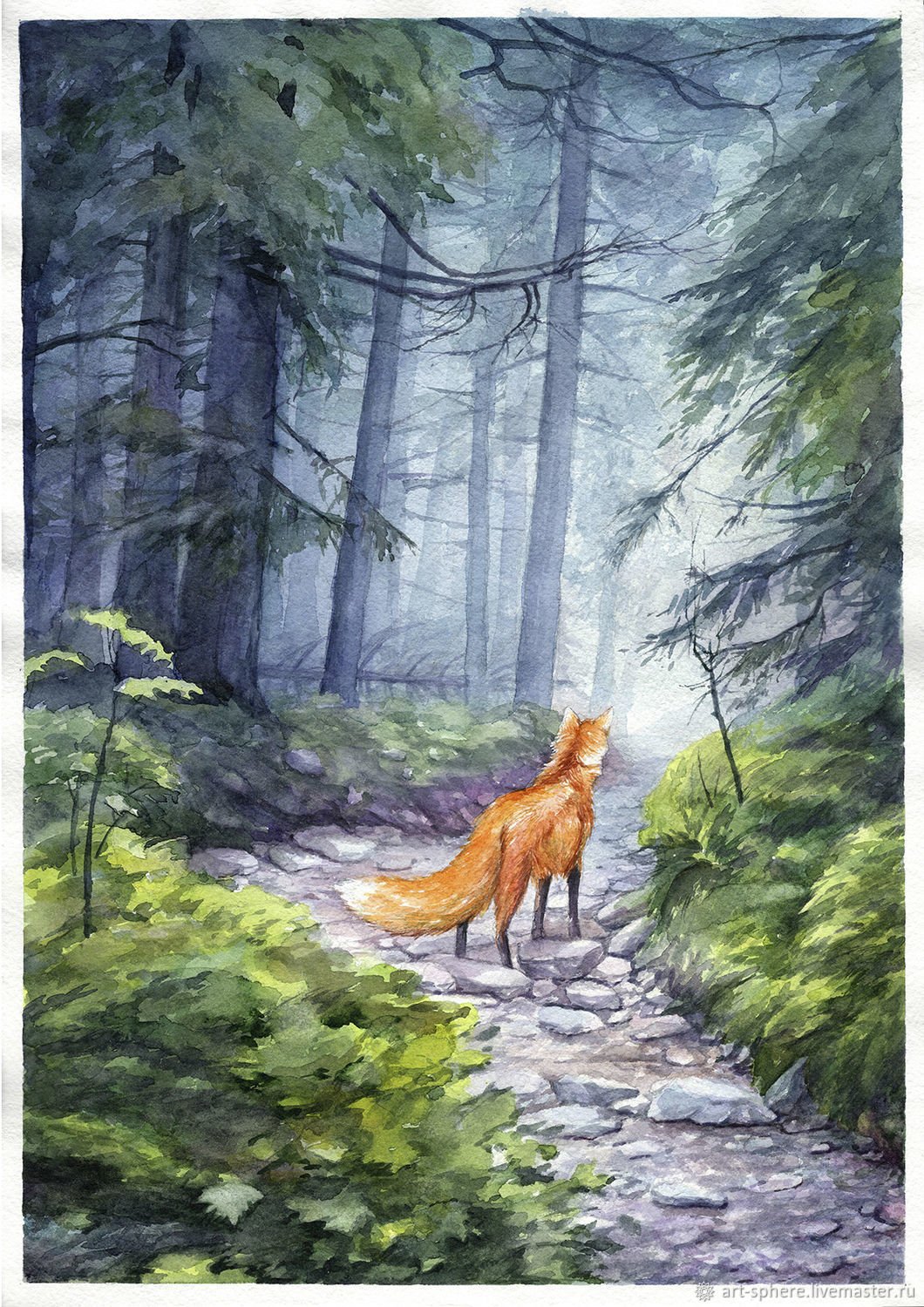 Лиса в лесу акварелью