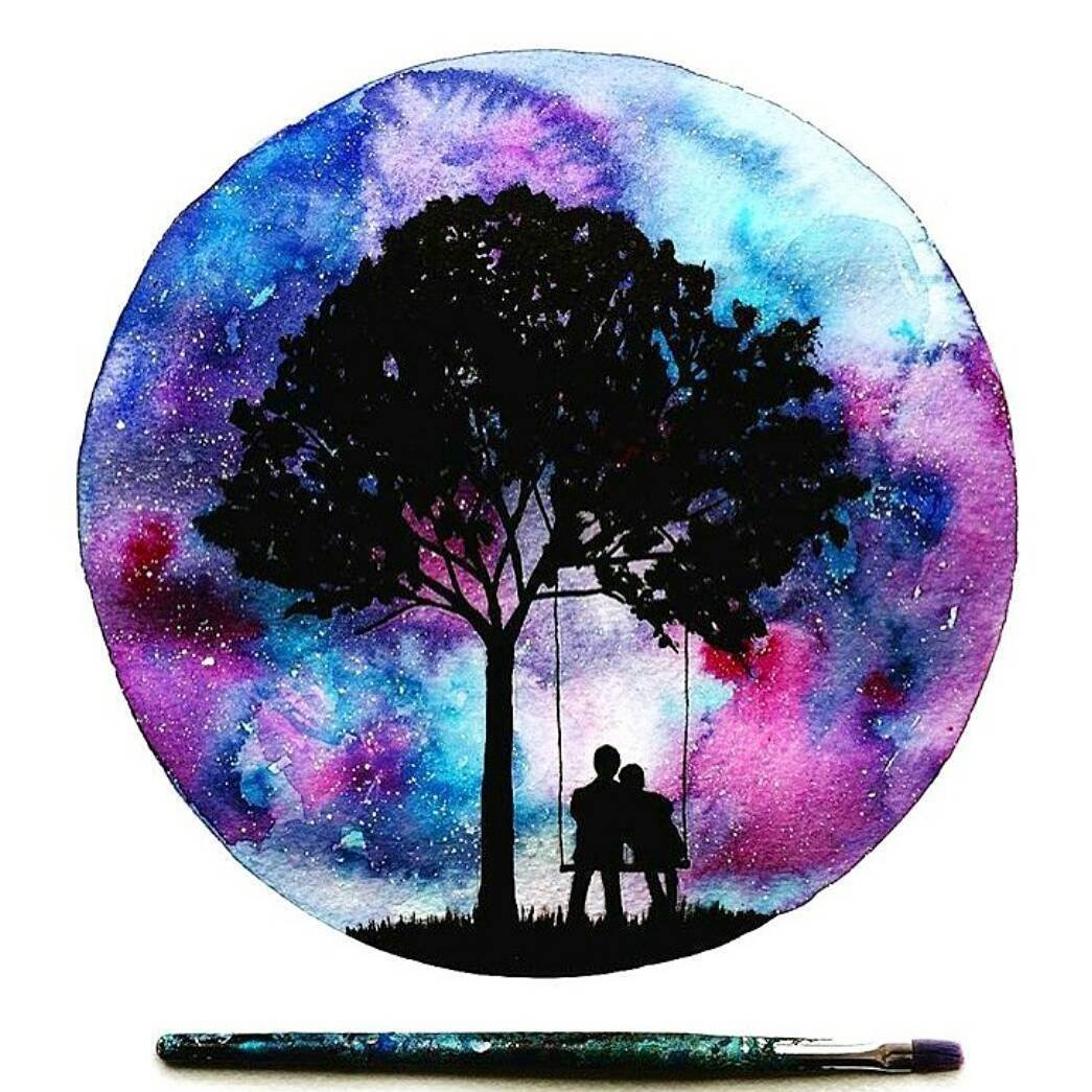 Пейзаж в круге акварелью