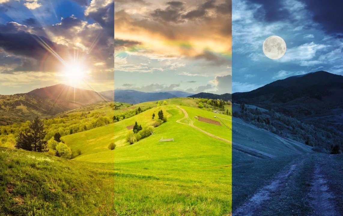 Пейзаж днем и вечером