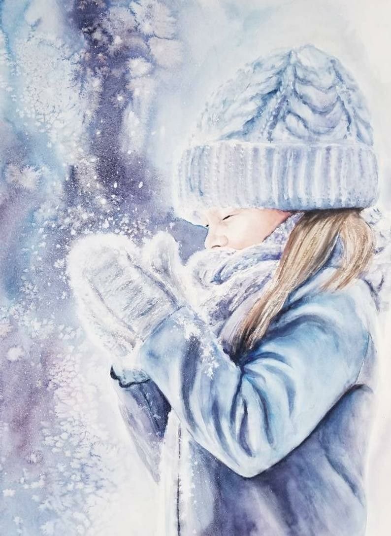 Девушка зимой акварель