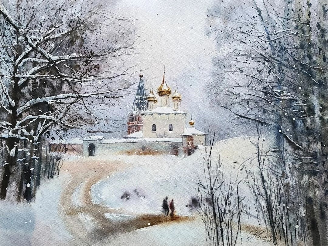 Акварель зима картинки