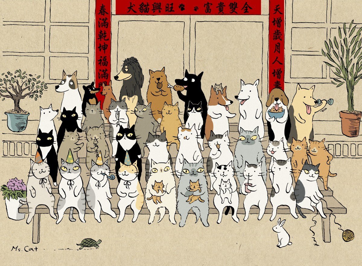 Много котиков на черном фоне