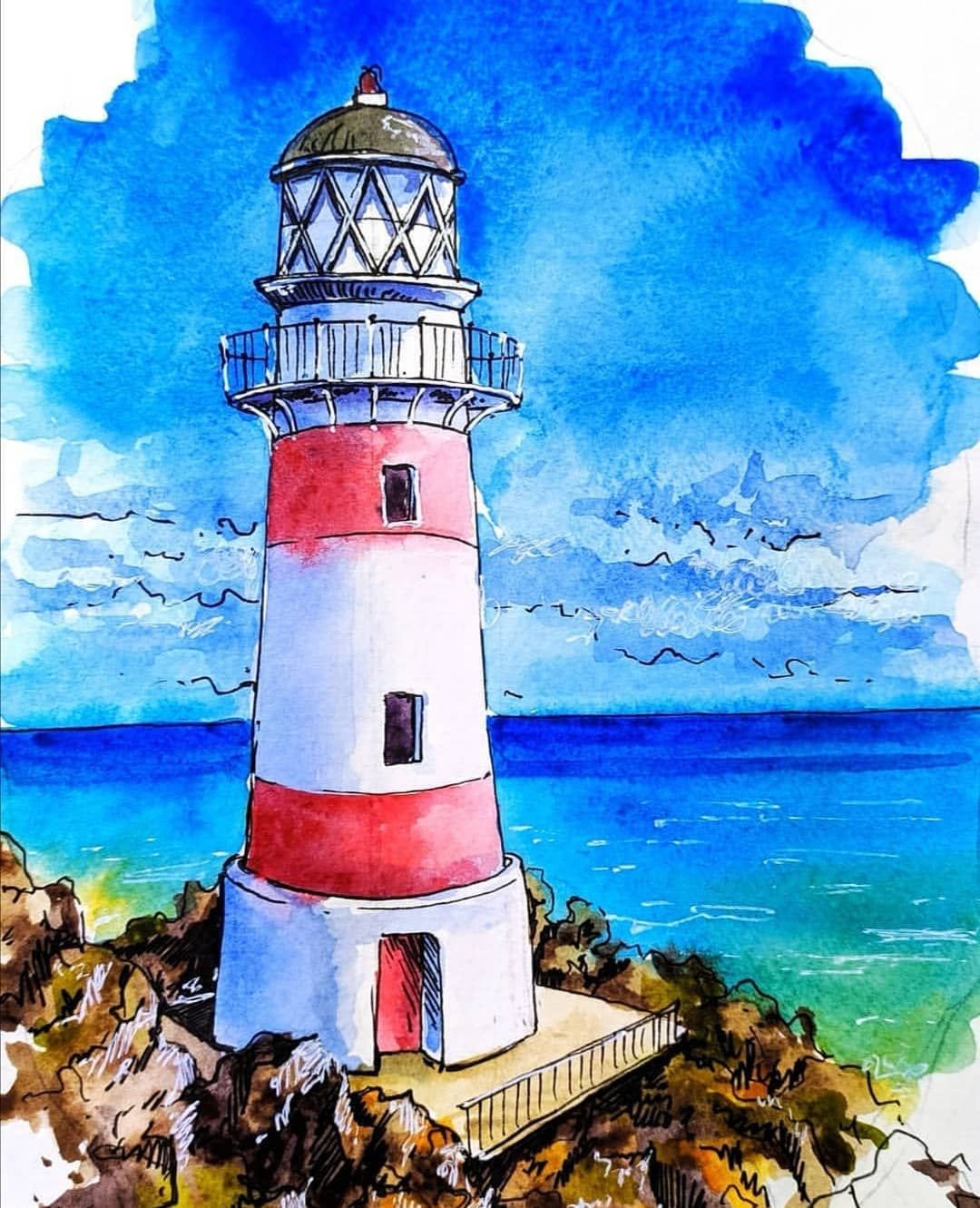 Маяк акварелью урок