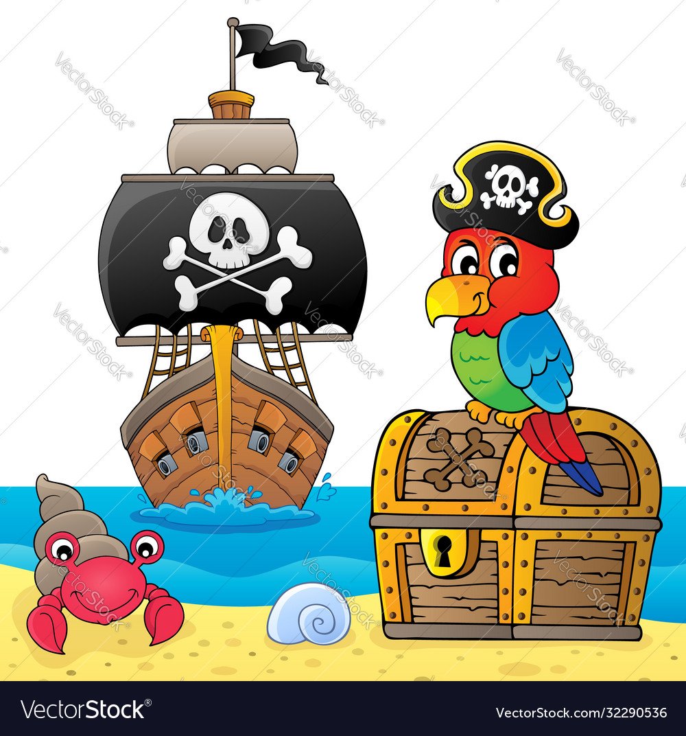 Пиратский попугай на сундуках