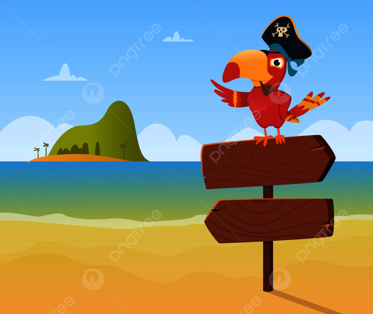 Пират с попугаем и пальмы