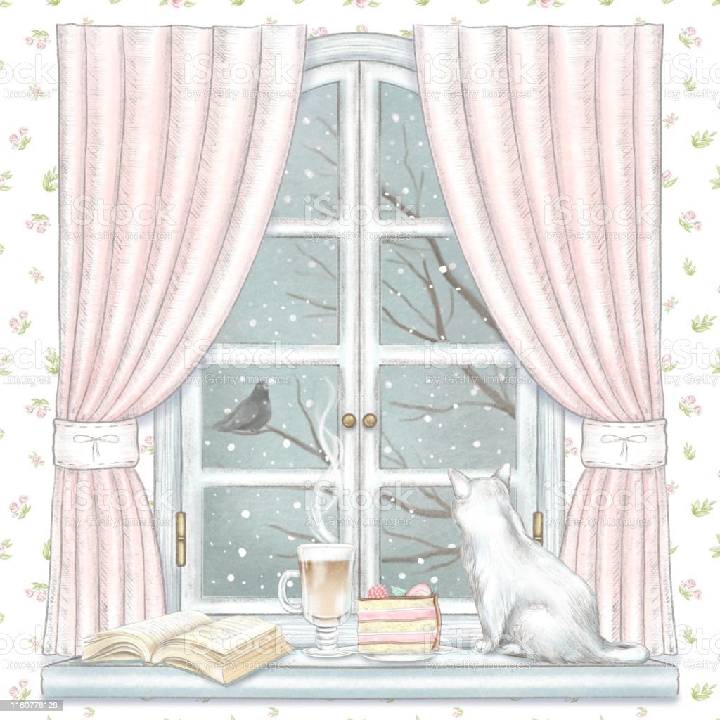 Рисунок окна со шторами и с подоконником