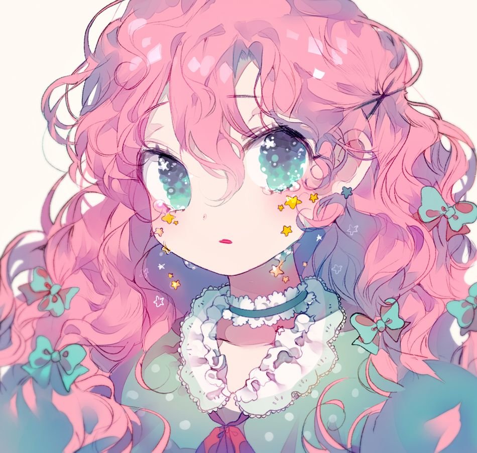Аниме девочка с кудрявыми розовыми волосами
