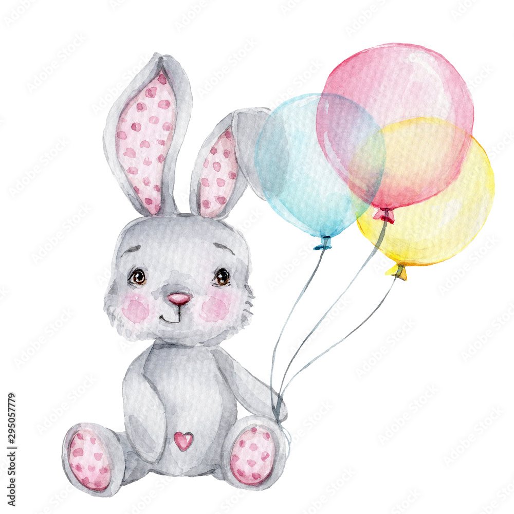 Заяц с шариками акварель