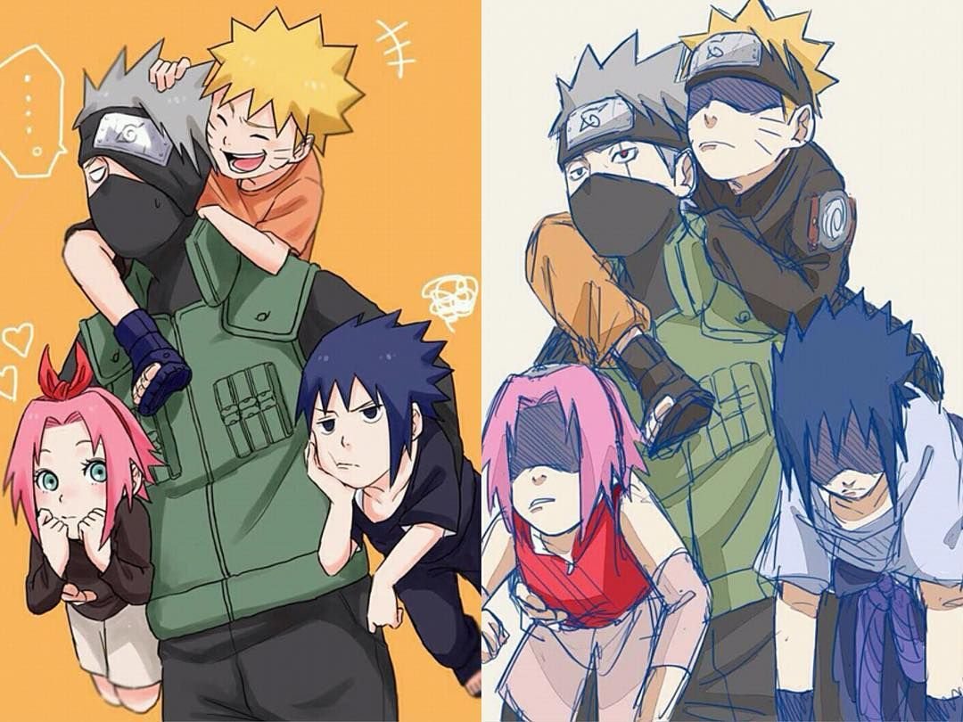 Наруто, Саске, Сакура и Какаси в Акацуки