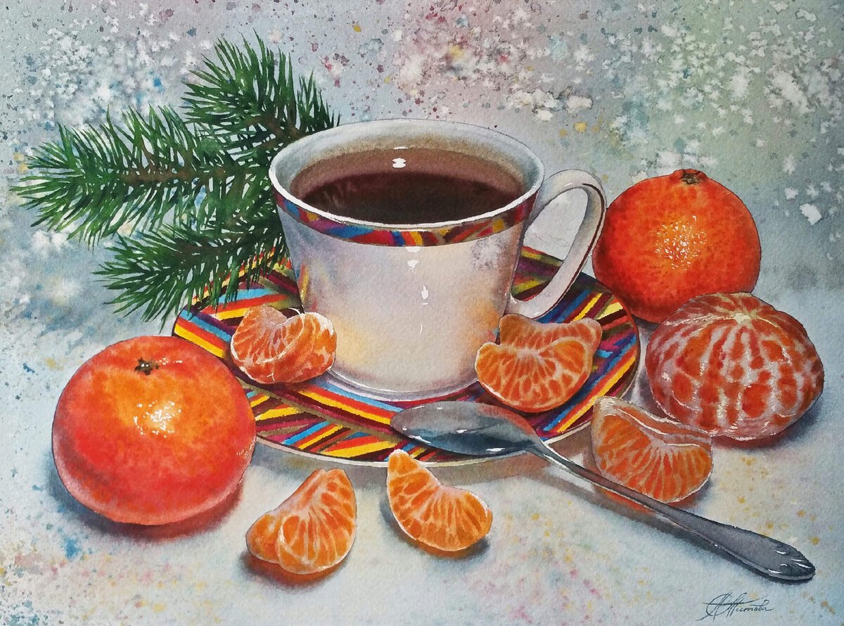 Новогодний натюрморт акварелью