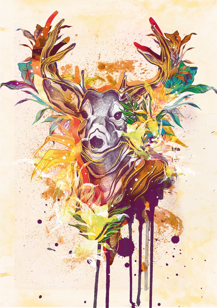 Олень с цветами на рогах