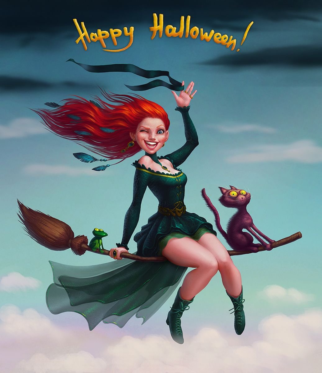 Рыжая девушка на метле