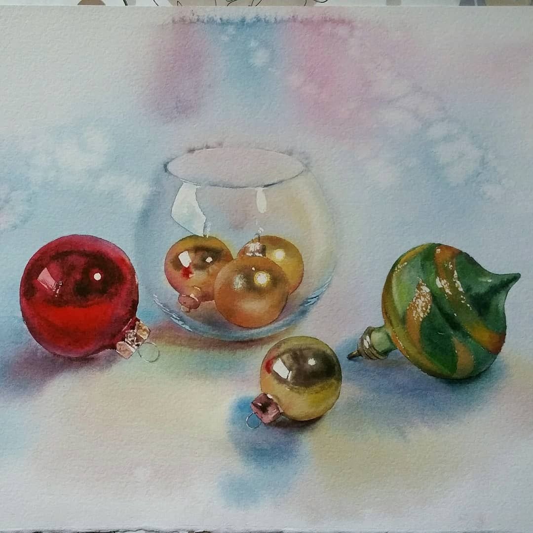 Новогодние игрушки акварель