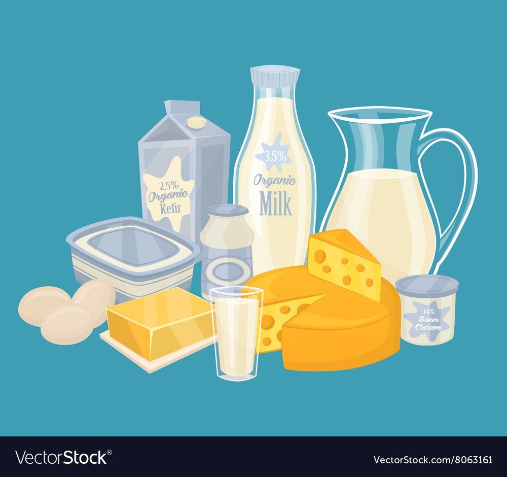 Нарисовать молочные продукты