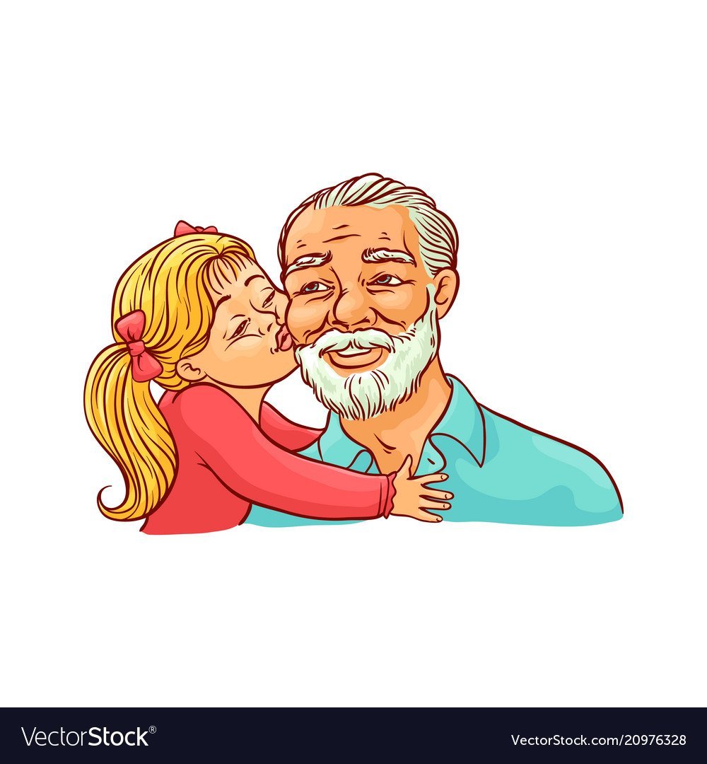 Дедушка с внучкой на белом фоне