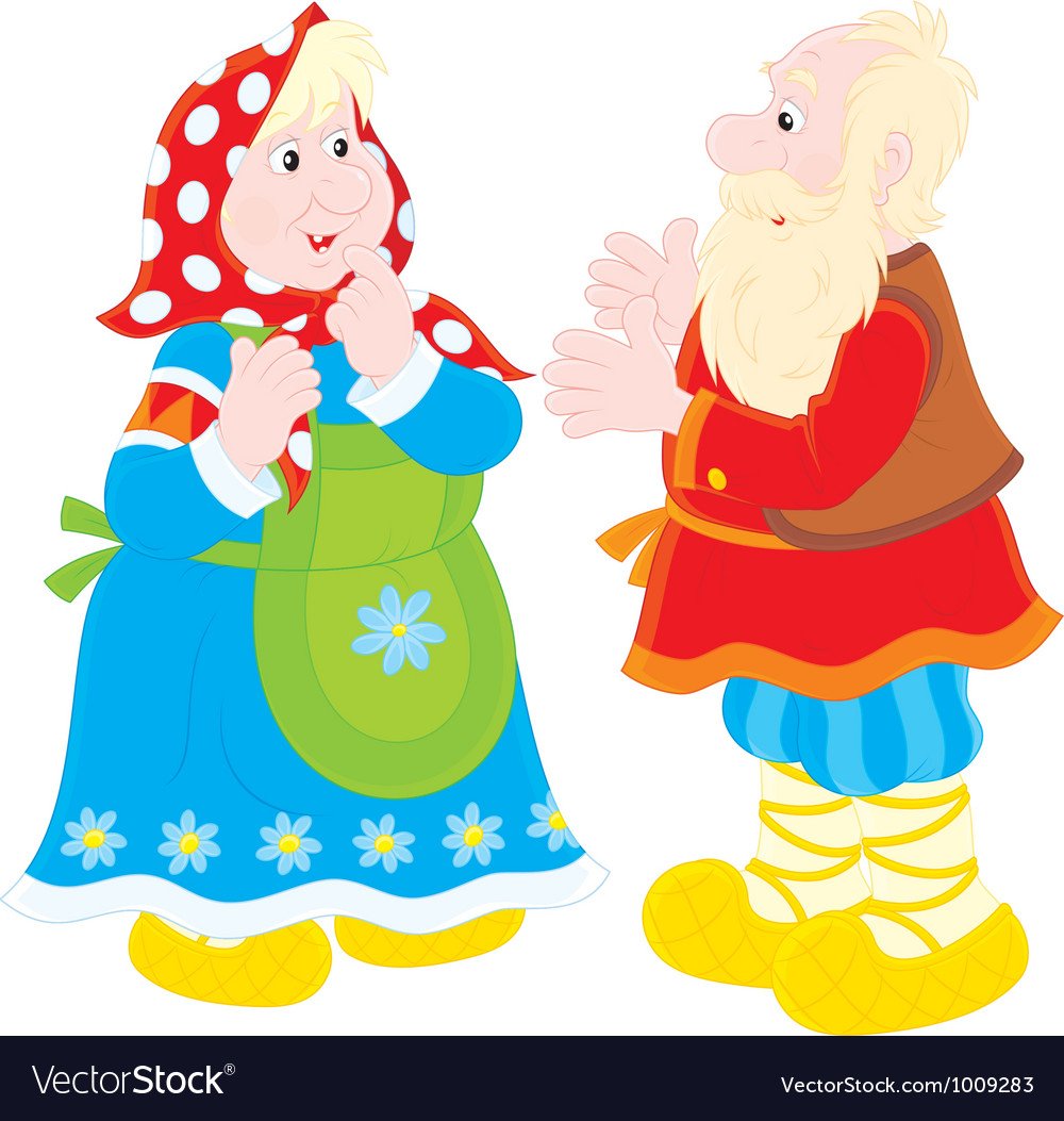 Сказочные дед и баба на белом фоне