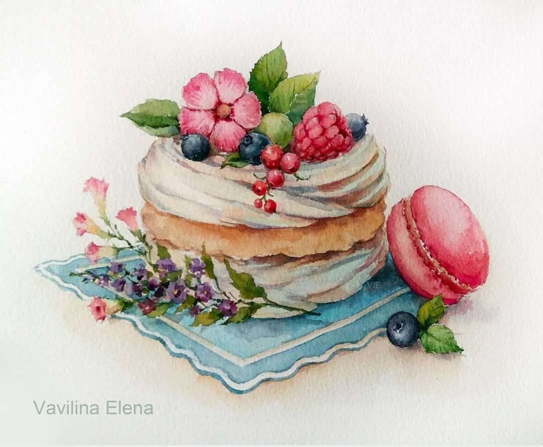 Тортики пирожные акварелью